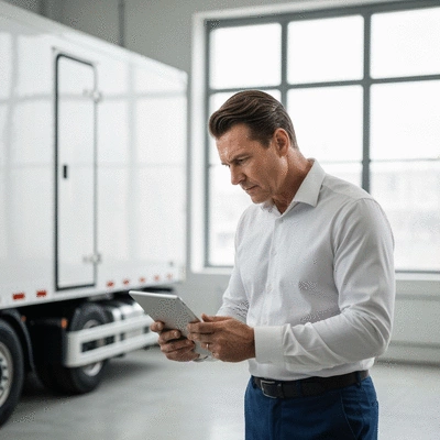 Person reviewing trailer regulations on a tablet, focused and serious, with a trailer in the background, in a clean, well-lit setting