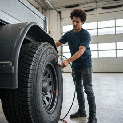 Person using a tire pressure gauge on a trailer tire