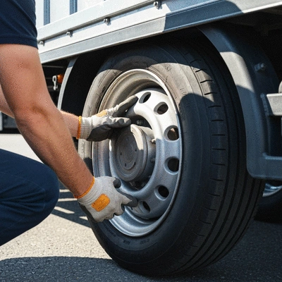 Close-up of a person's hands checking a trailer's wheel and tire during maintenance