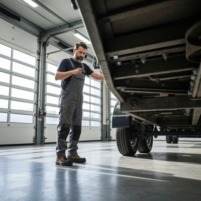 Professional mechanic inspecting a trailer's undercarriage in a well-lit garage