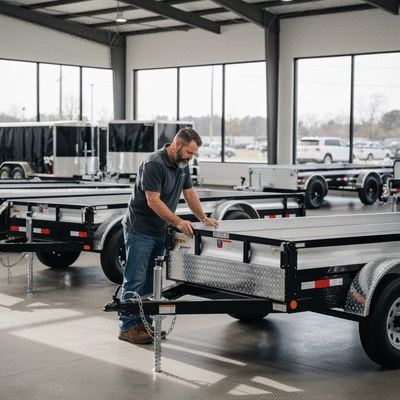 Person evaluating different 8x5 box trailer models at a dealership, clean image