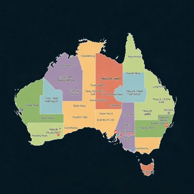 Map of Australia highlighting different states with varying regulations, demonstrating state-specific trailer laws, clean image