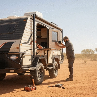 Australian tradie inspecting a rugged camper trailer with tools and equipment