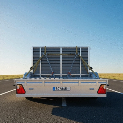 Trailer with properly secured load using straps and chains, on a road with clear sky, no text, no words, no typography, 8K
