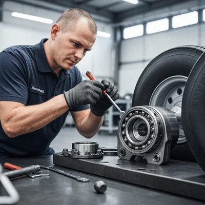 Mechanic inspecting trailer wheel bearings