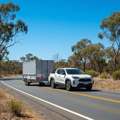 8x5 box trailer being towed by a Ute on an Australian road, professional photography, clean image