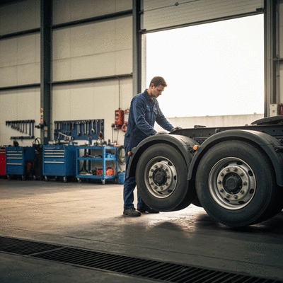 Mechanic inspecting trailer brakes and wheels