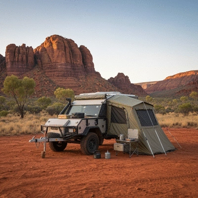 Off-road camper trailer parked in a scenic rugged Australian landscape, tent deployed and cooking gear visible