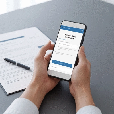 Hands holding a smartphone displaying a government website for trailer registration, with documents and a pen on a desk, clean image, no text, no words, no typography, 8K