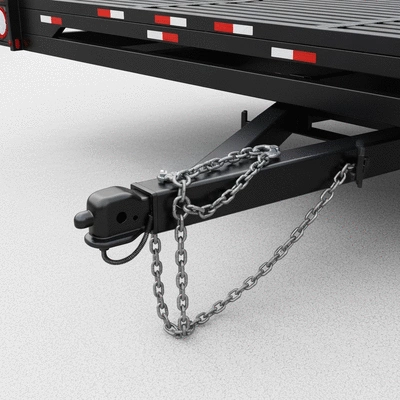 Close-up of safety chains and trailer hitch, showing proper attachment and good condition, no text, no words, no typography, 8K