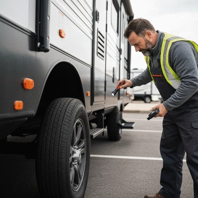 Person inspecting trailer tires and lights as part of maintenance, clean image