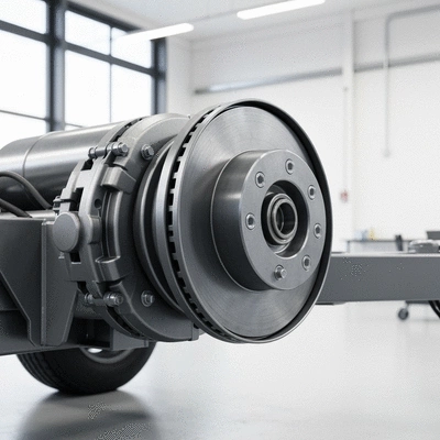 Detailed view of trailer braking system components, showing discs, calipers, and wiring