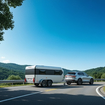 Modern car trailer connected to a vehicle, parked on an open road with a scenic background